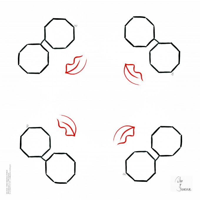 Weißes BELLEVUE Mikrofasertuch mit einer Illustration von Olaf Borchard mit 4 stilisierten Brillen aus dem BELLEVUE Logo abgeleitet und dem charakteristischen roten Mund