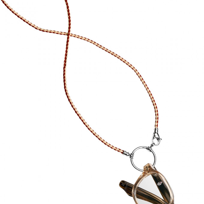 Geflochtene Lederketten La Loop Brillenkette mit silbernen Ring.