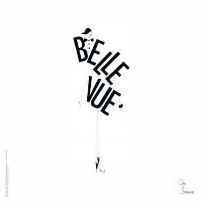 Weißes Mikrofasertuch mit einer Illustration von Olaf Borchard, eine Person mit dünnen Beinen, die Buchstaben von BELLEVUE in die Form des Körpers umgewandelt.