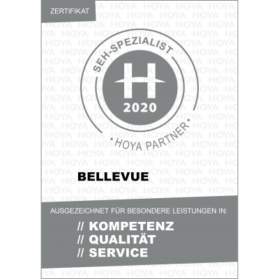 Zertifkat des Premium Glasherstellers HOYA als Seh-Spezialist für BELLEVUE.